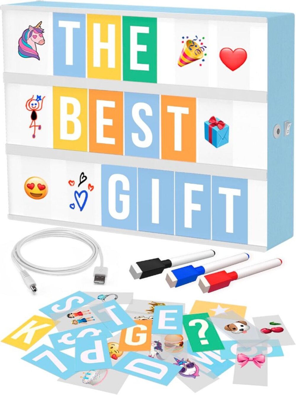 Blue Cinema Light Box with 312 Letters, Emojis & 3 Markers - Led Light Box Sign